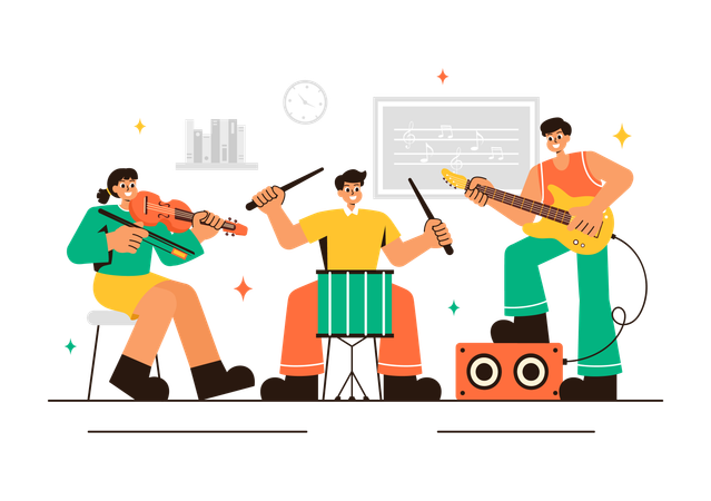 Kids playing instruments in Music School  Illustration