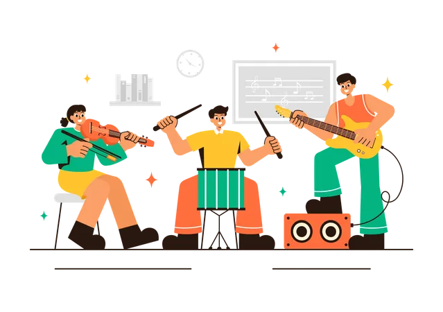 Kids playing instruments in Music School  Illustration