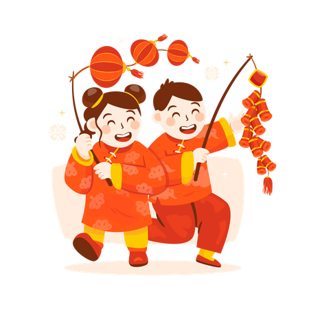 Kids Playing lanterns and firecrackers  Illustration