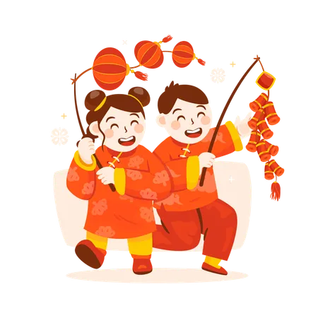 Kids Playing lanterns and firecrackers  Illustration