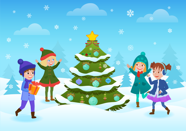 Kids Playing Near Christmas Tree  Illustration