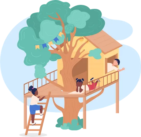 Kids Playing On Treehouse 2 D Vector Web Banner Poster Tree Fort In Backyard For Teenagers Flat Characters On Cartoon Background Children Outdoor Playhouse Printable Patch Colorful Web Element Illustration