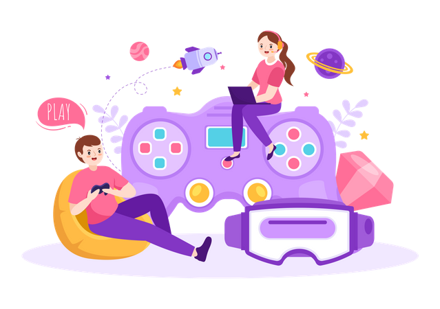 Kids playing video game  Illustration