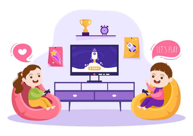 Kids playing video game together  Illustration