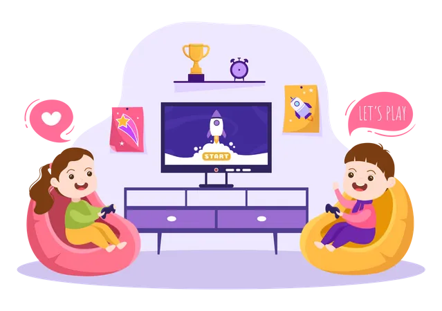 Kids playing video game together  Illustration