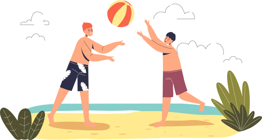 Kids playing volleyball at beach Illustration