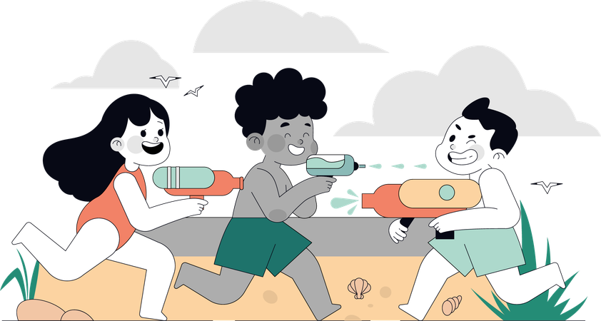 Kids playing with air gun on sea shore  Illustration