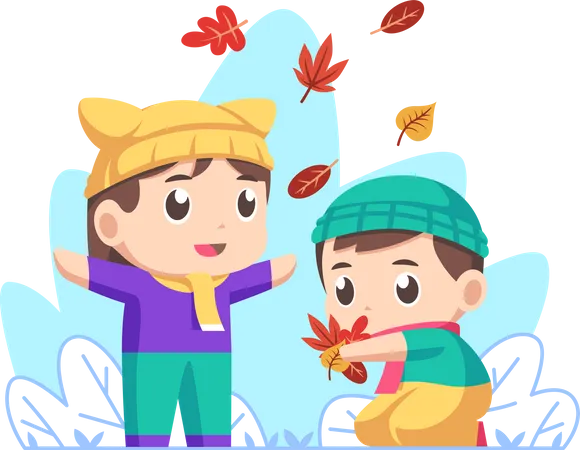 Kids playing with autumn fall leaves Illustration
