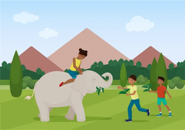 Kids playing with baby elephant  Illustration