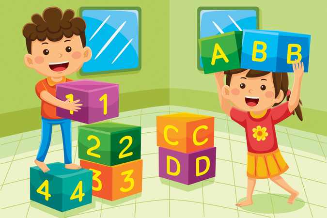 Kids playing with cubes  Illustration