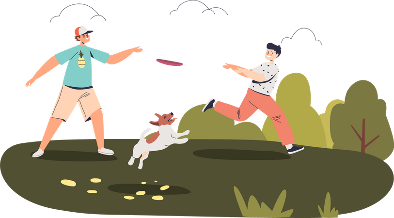 Kids playing with dog at park  Illustration