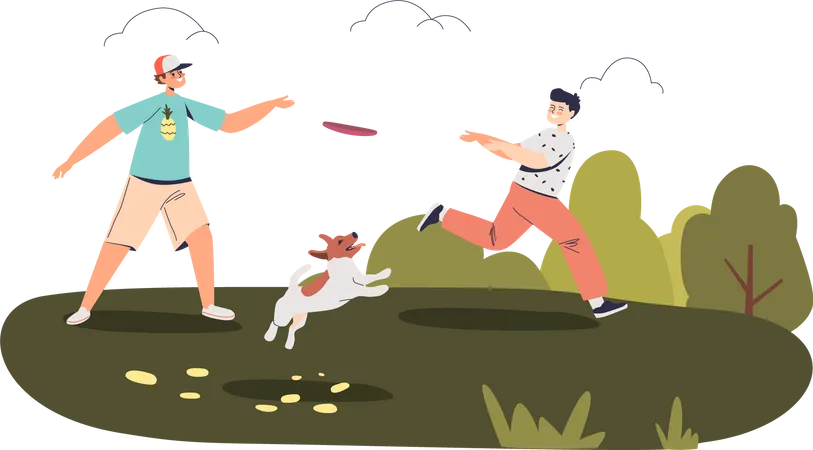 Kids Playing With Dog Outdoors Throwing Flying Plate While Being On Picnic Or Camping Vacation In Nature Active Summer Leisure Concept Cartoon Flat Vector Illustration Illustration