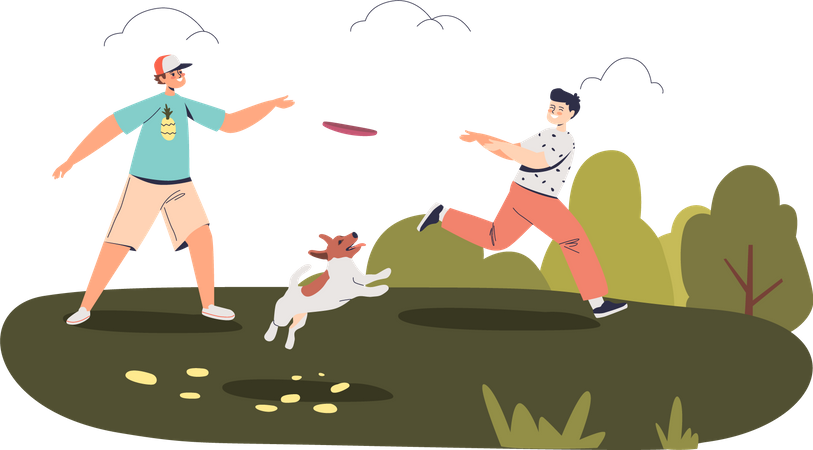 Kids playing with dog at park  Illustration