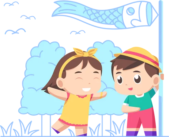 Kids playing with fish kite  イラスト