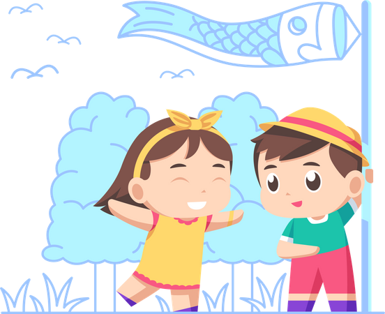 Kids playing with fish kite  Illustration