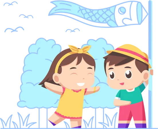 Kids playing with fish kite  Illustration