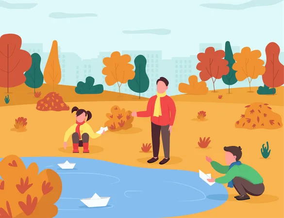 Kids playing with paper boat in lake Illustration