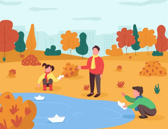 Kids playing with paper boat in lake  Illustration