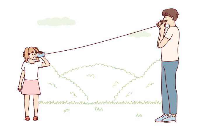 Kids playing with paper cup string phone  Illustration