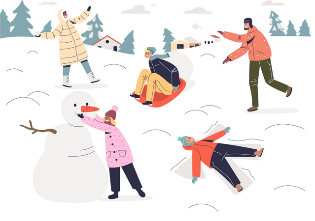 Kids playing with snowballs Illustration