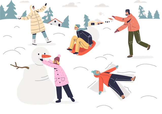 Kids playing with snowballs Illustration