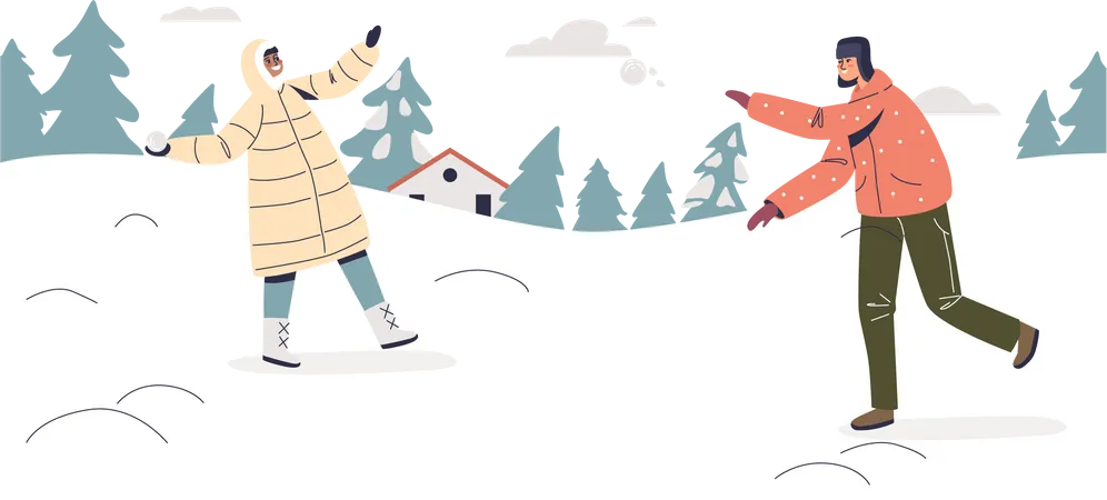 Happy Kids Playing Snowballs Child Enjoy Winter Funny Outdoor Activities And Snowy Weather On Wintertime Holidays Outside Leisure Entertainment Concept Cartoon Flat Vector Illustration Illustration