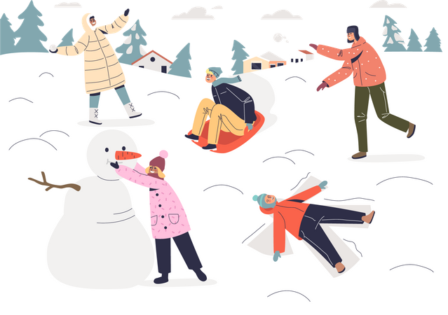 Kids playing with snowballs  Illustration