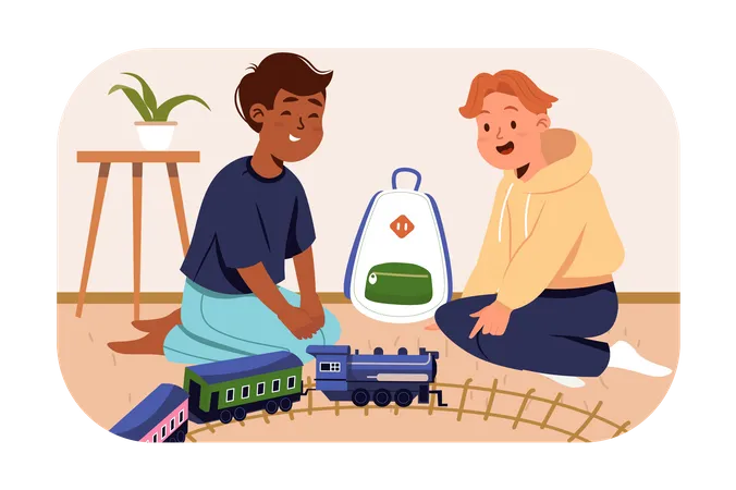 Kids playing with toy train  Illustration