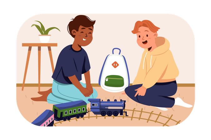 Kids playing with toy train  Illustration