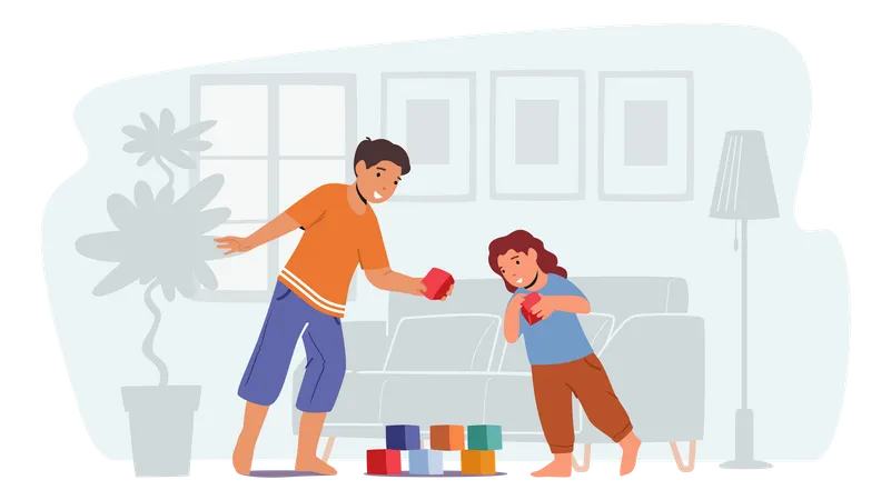 Kids Playing With Toys Building Tower Of Cubes On Floor Illustration