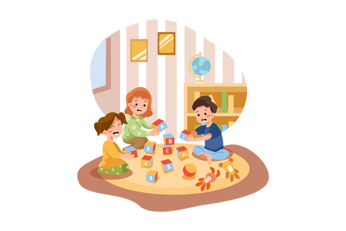 Kids playing with toys in preschool  Illustration