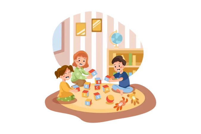 Kids playing with toys in preschool Illustration