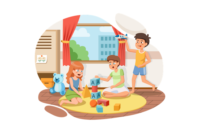 Kids playing with toys in preschool  Illustration