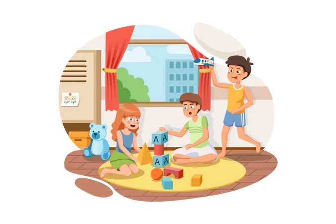 Kids playing with toys in preschool  Illustration