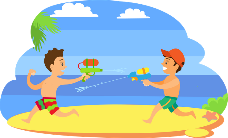 Kids Playing with water Guns  イラスト