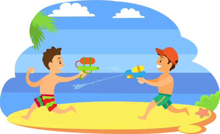 Kids Playing With Guns Loaded With Water Vector Children On Summer Vacations Fighting By Aqua Boys At Coastline Vector Happy Kids At Seaside Having Fun イラスト