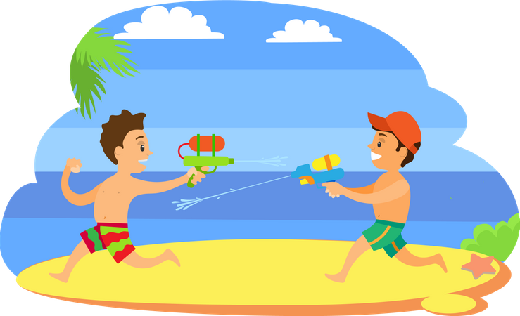 Kids Playing with water Guns  Illustration