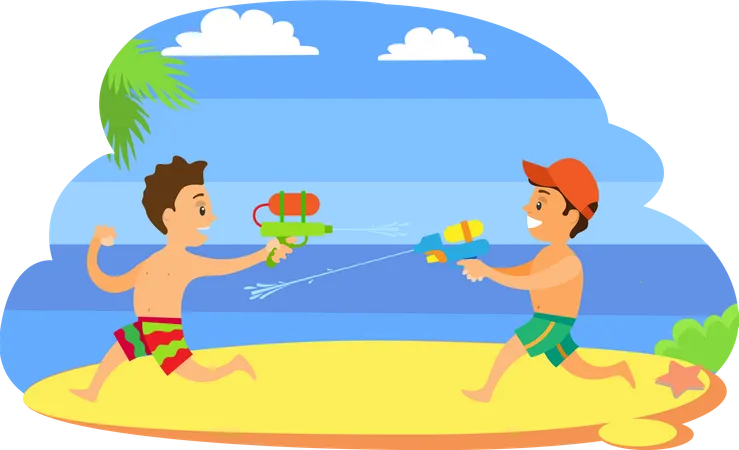 Kids Playing with water Guns  Illustration