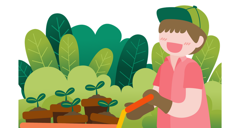Kids pulling trolley with plant Illustration