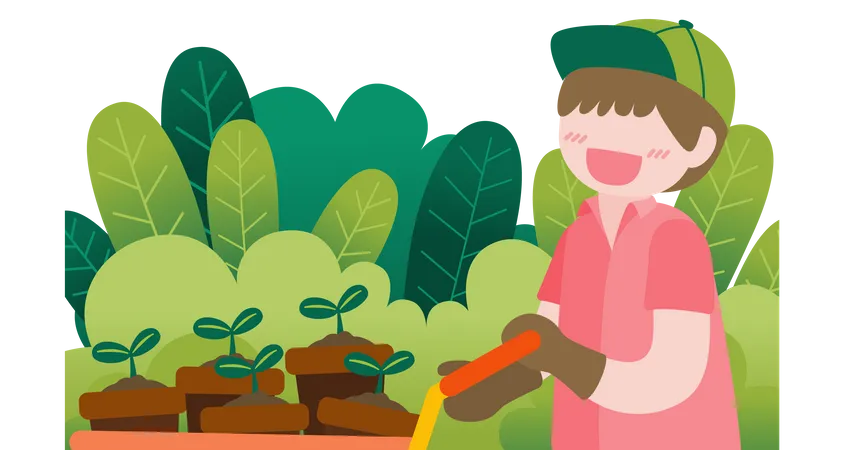 Kids pulling trolley with plant  Illustration
