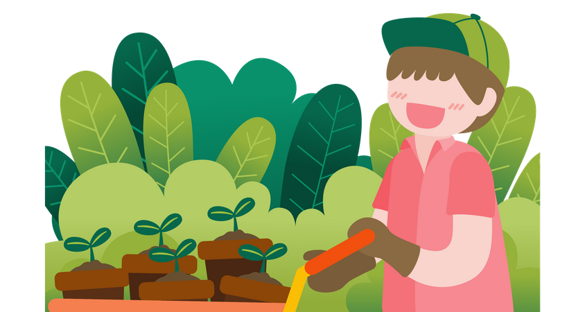 Kids pulling trolley with plant  Illustration