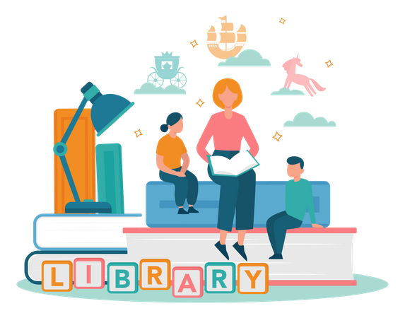 Kids reading book in library Illustration