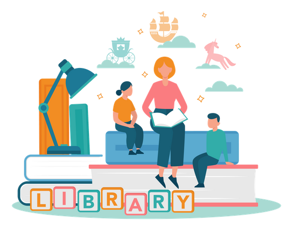 Kids reading book in library  Illustration