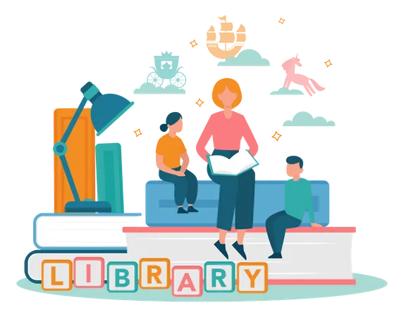 Kids reading book in library  Illustration