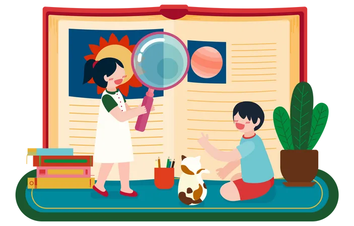 Kids reading science book  Illustration