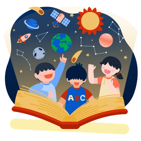 Kids reading space book  Illustration
