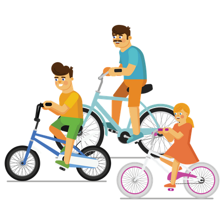 Kids riding bicycle with father Illustration
