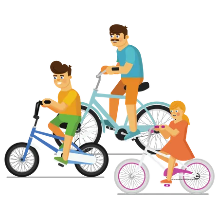 Kids riding bicycle with father  Illustration