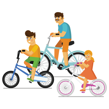 Kids riding bicycle with father  Illustration