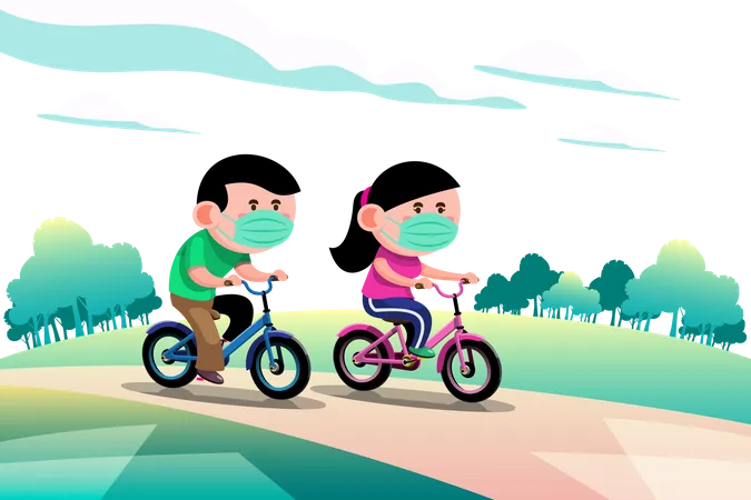 Kids Riding Cycle During the epidemic  Illustration